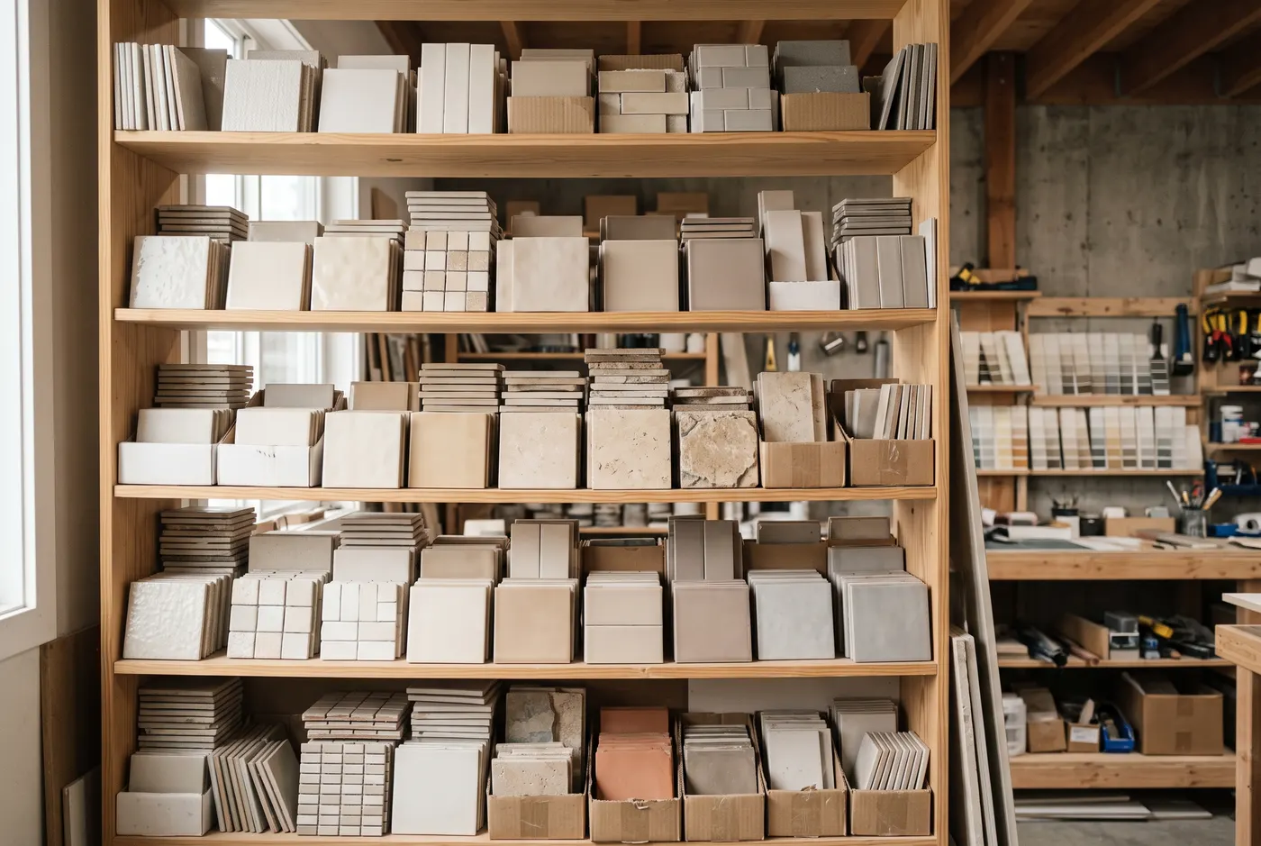 A studio shelf of tile and finish samples arranged tone on tone.