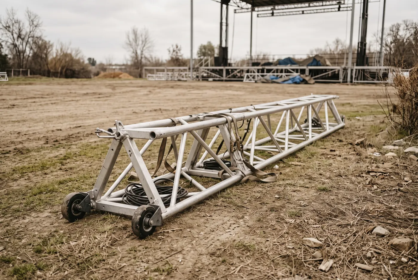 A lighting truss lying on open ground before rigging.