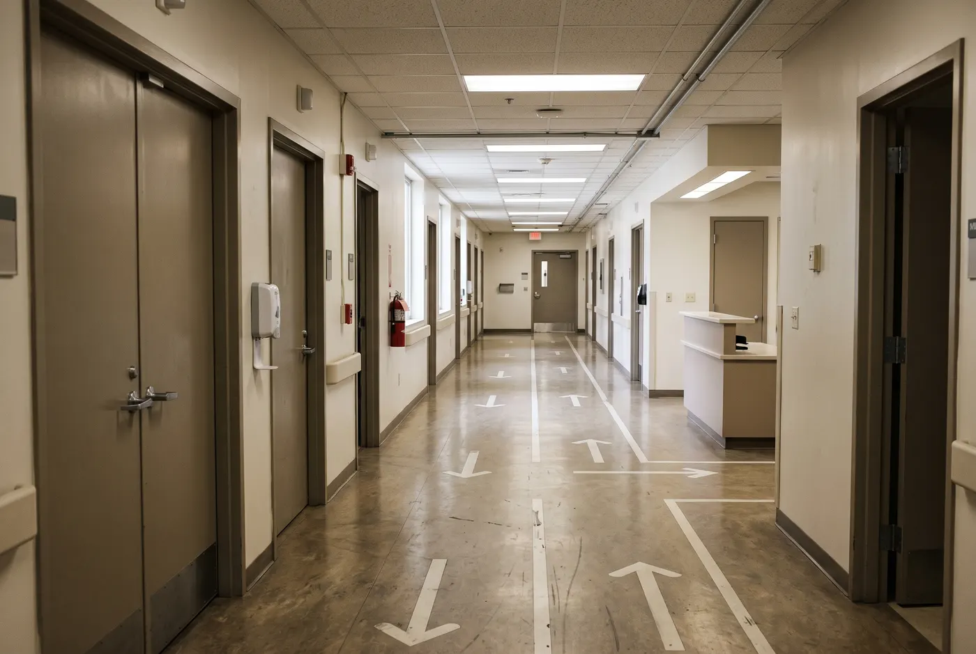 An empty hospital corridor with closed doors and floor markings.